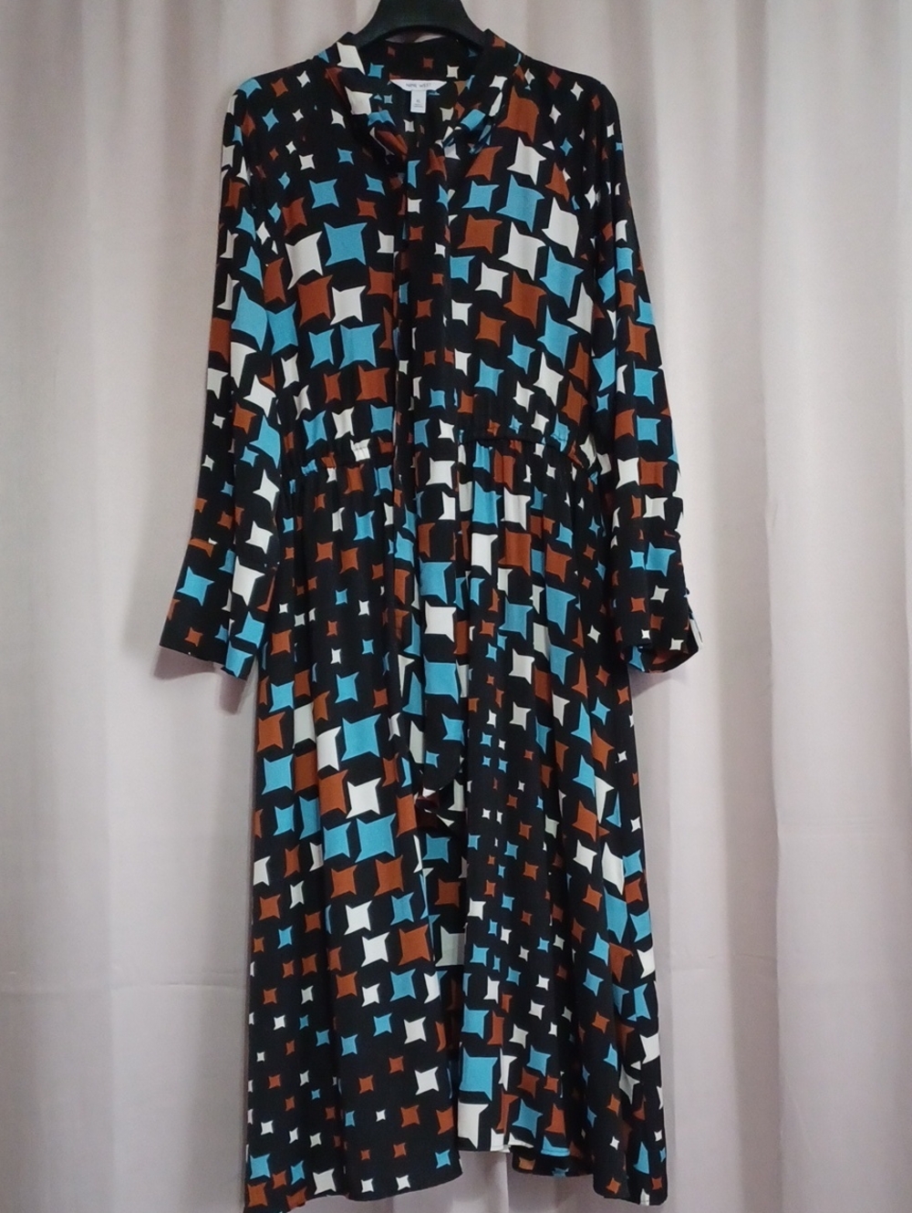 Nine West Long Sleeve Tie Neck Geometric Print Midi Dress Elastic Waist Size XL